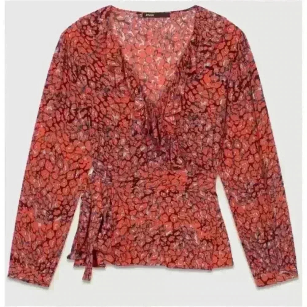 Maje Lito Wrap Blouse with Ruffles Leopard Animal Print Red Leopard, size 3